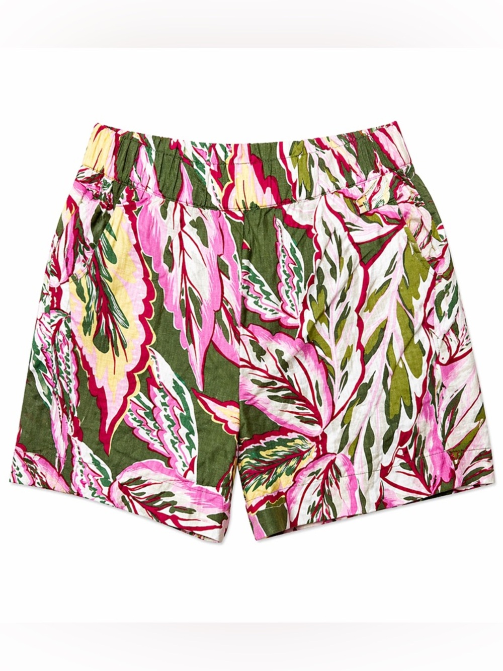 LOFT Short Sleeve Button-Front Tropical Print Shirt in Green, Pink and White